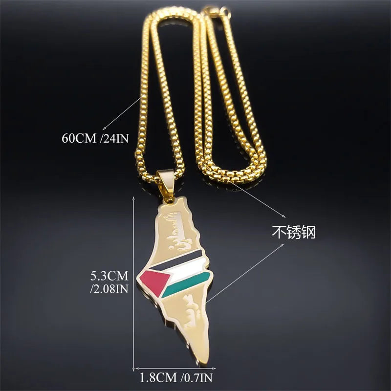 HNSP Map Of Palestine Stainless Steel Pendant Chain Necklace For Men Women jewel